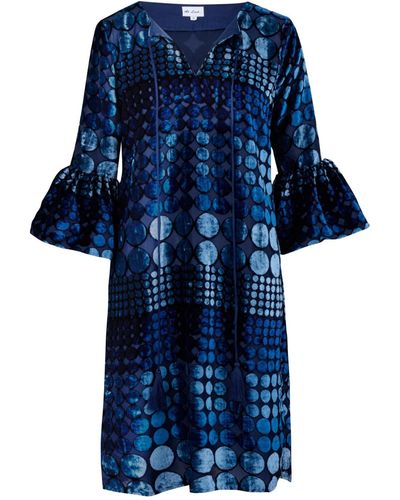 At Last Silk Devore Velvet Belle Tassel Dress In Spot - Blue