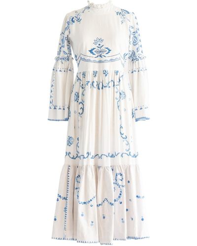 Sugar Cream Vintage Re-design Upcycled Lace Detailed Blanket Stitched Border Maxi Dress - White