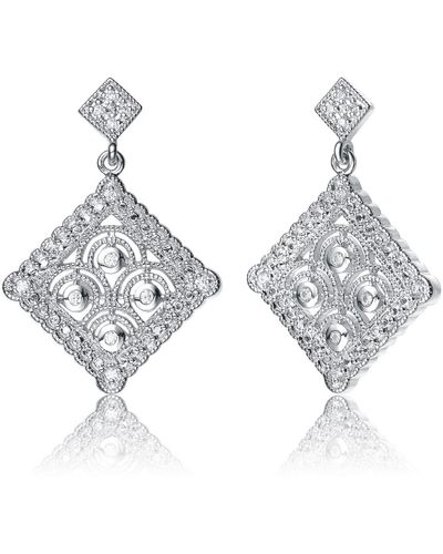 Genevive Jewelry Cubic Zirconia Sterling Silver White Gold Plated Antique Shape Drop Earrings - Metallic