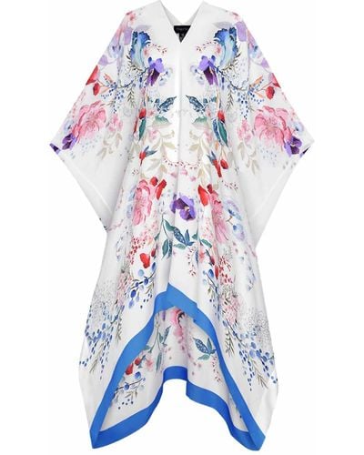 Meng Watercolour Flowers Silk Georgette Kaftan - Blue