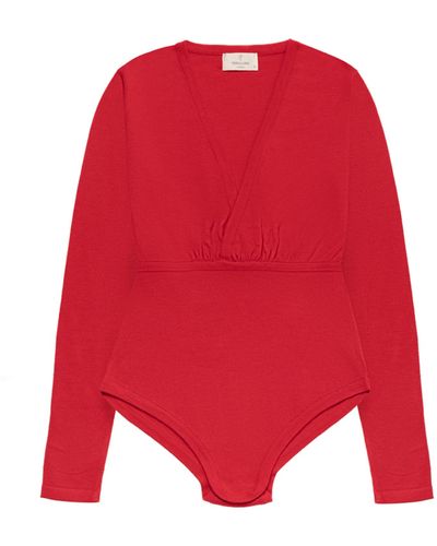 Peraluna Devon V-neck Knit Snap-closure Bodysuit In - Red