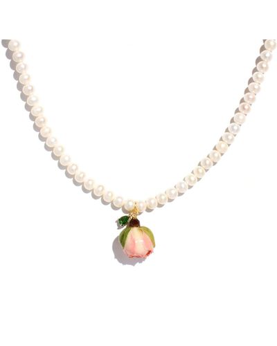 I'MMANY LONDON Real Flower Bella Rosa Rosebud And Freshwater Pearl Necklace With Green Crystal - Metallic