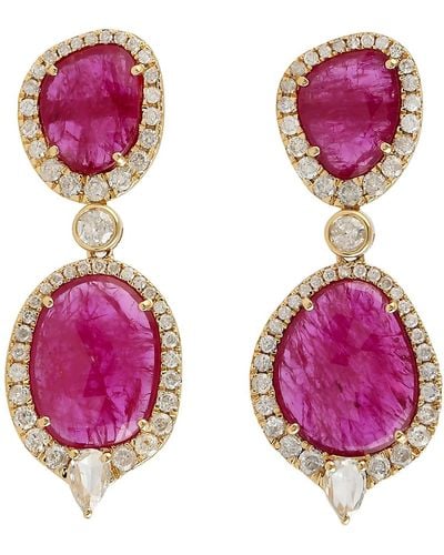 Artisan Solid Yellow Gold Natural Ruby Pave Diamond Designer Dangle Earrings Jewelry - Purple