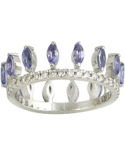 Artisan 14k White Gold With Marquise Tanzanite & Diamond Crown Ring - Blue