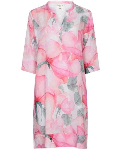 NoLoGo-chic Blooming Rose Linen Classic Tunic Dress - Pink