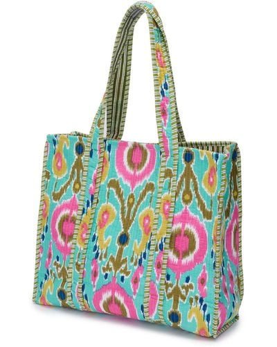 At Last Cotton Tote Bag In Turquoise Multi Ikat - Blue