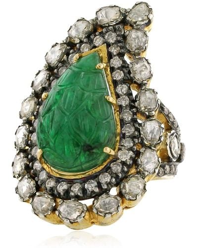 Artisan Carved Emerald Diamond 14k Gold 925 Sterling Silver Designer Ring Jewelry - Green