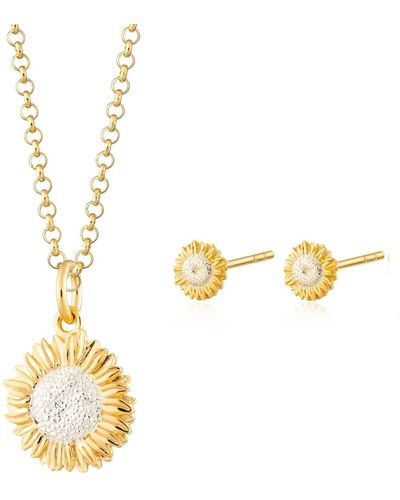 Lily Charmed Gold Plated Sunflower Necklace & Studs Jewelry Set - Metallic
