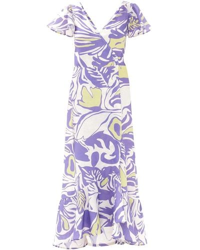 Haris Cotton Printed Wrap Dress With Butterfly Sleeve High And Low Hem - Purple