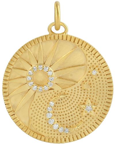 Artisan Natural Diamond Pave In 18k Yellow Gold Sun Moon Star Design Charm Pendant - Metallic