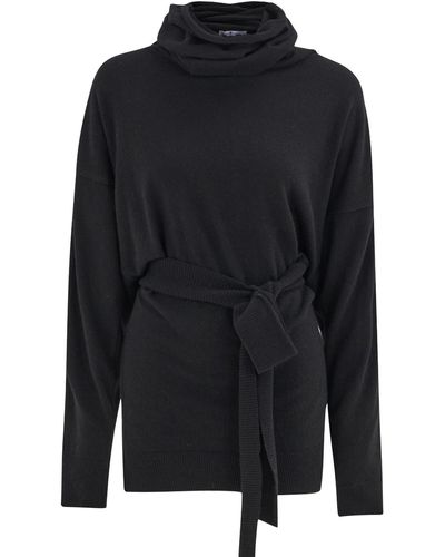 Peraluna Cashmere Blend Mock Neck Belted Knitwear Long Pullover - Black