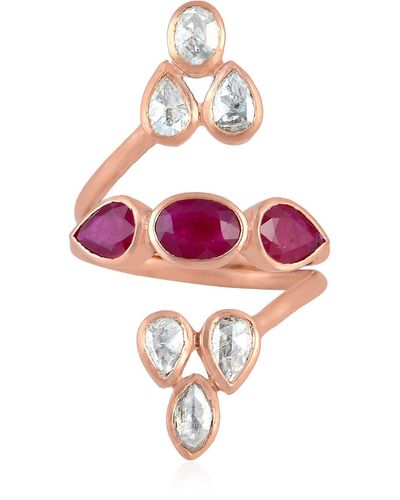 Artisan Rose Gold Uncut Diamond Ruby Cocktail Ring Handmade - Pink