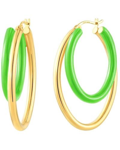 Gold & Honey Double Oval Enamel Hoop Earrings In Neon Green