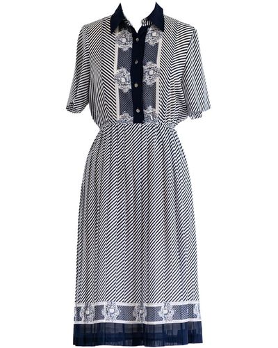 Sugar Cream Vintage Vintage Stripe Collared Half Sleeve Pleated Midi Dress - Blue