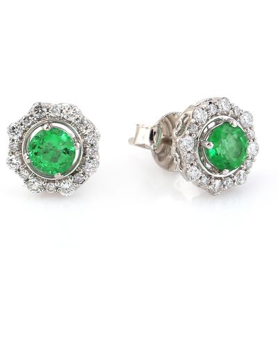 Artisan Solid Gold White Diamond Natural Emerald Stud Earrings - Green