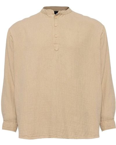 Monique Store Linen Mandarin Neck Half Button Long Sleeve Shirt Beije - Natural