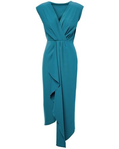 BLUZAT Turqouise Midi Dress With Draping And Pleats - Blue