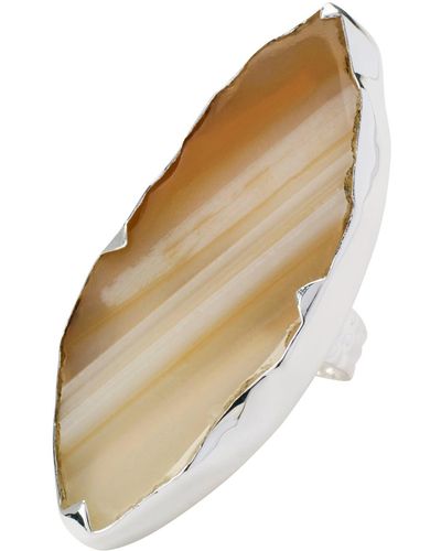 YAA YAA LONDON Sterling Silver Grande Amber Tan Gemstone Adjustable Ring - Natural