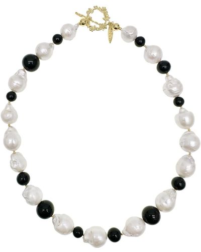 Farra White Baroque Pearls With Black Obsidian Chunky Necklace - Metallic