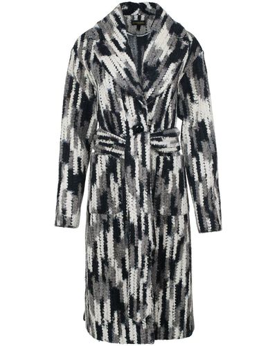 Conquista Long Wool Blend Jacquard Style Coat In Neutral Shades With Belt - Black