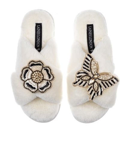 Laines London Classic Laines Slippers With Butterfly & Flower Brooches - Metallic