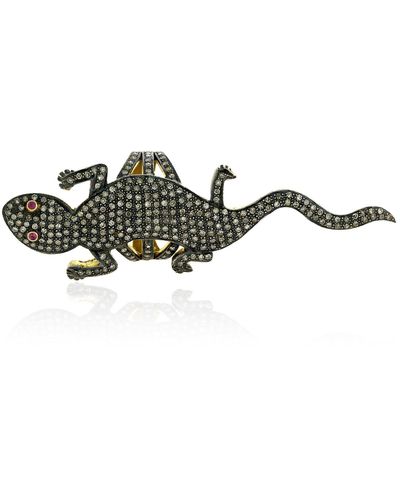 Artisan 14k Gold Sterling Sliver With Natural Ruby & Pave Diamond Lizard Design Long Ring - Multicolour