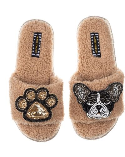 Laines London Teddy Towelling Slipper Sliders With Coco & Paw Brooch - Brown