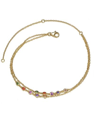 Genevive Jewelry Sterling Silver Plated Champagne, Amethyst, Ruby, Orange & Peridot Double Layer Rolo Chain Anklet, Adjustable Length - Metallic