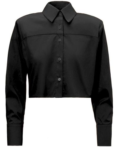 BLUZAT Cropped Poplin Shirt With Oversized Shoulders - Black