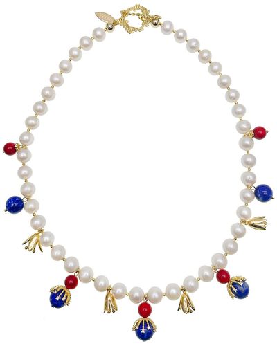 Farra Freshwater Pearls With Lapis And Red Coral Pendents Statement Necklace - White