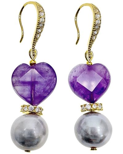 Farra Heart Shaped Amethyst With Grey Freshwater Pearl Earrings - Purple