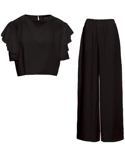 BLUZAT Set With Ruffled T-shirt And Pants With Slits - Black