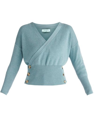 Paisie Button Knitted Wrap Top In Teal - Blue