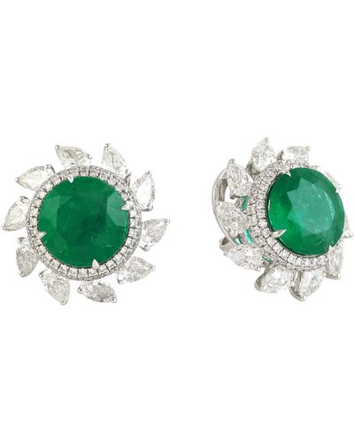 Artisan Natural Rose Cut & Emerald In 18k White Gold Designer Stud Earrings - Green