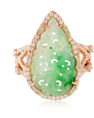 Artisan 18k Rose Gold Carved Jade Ring With Diamonds - Green