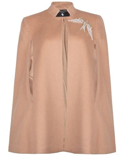 Laines London Neutrals Laines Couture Wool Blend Cape With Embellished Pearl & Gold Bird - Natural