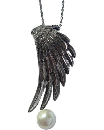 Janus Edinburgh Alata Large Guardian Angel Wing Oxidised Silver Necklace - Black