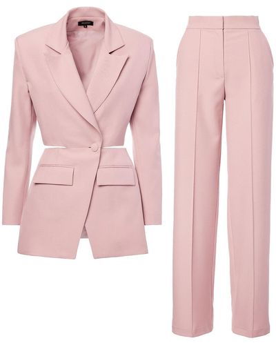 BLUZAT Pastel Pink Suit With Blazer With Waistline Cut-out And Stripe Detail Pants