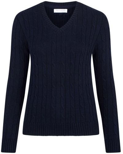 Paul James Knitwear S Cotton Talulah Cable V Neck Sweater - Blue