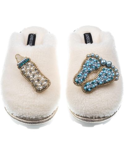 Laines London Teddy Closed Toe Slippers With Baby Boy Brooches - White