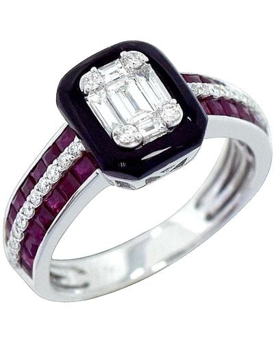 Artisan Onyx With Baguette Ruby Gemstone & Diamond In 18k White Gold Cocktail Ring - Blue