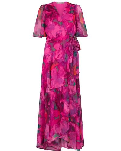 Hope & Ivy The Corinne Flutter Sleeve Maxi Wrap Dress With Tie Waist - Purple