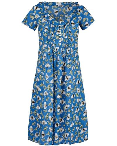 At Last Cotton Karen Short Sleeve Day Dress In Royal Busy Bee - Blue
