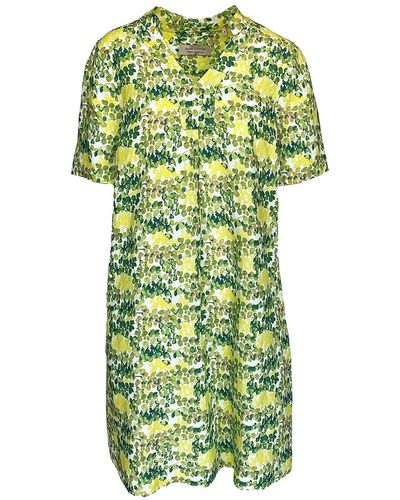 Haris Cotton Knee Length Printed Linen Blend Dress With Notched Neckline - Green