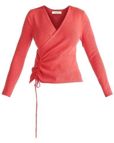 Paisie Ribbed Drawstring Top In Strawberry - Red