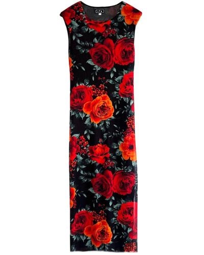 L2R THE LABEL Shoulder Pad Printed Mesh Dress In Floral Red & Black