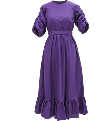 Smart and Joy Trapeze Dress With Puffed Sleeves - Purple