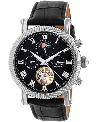 Heritor Winston Semi-skeleton Leather-band Watch With Day And Date - Black