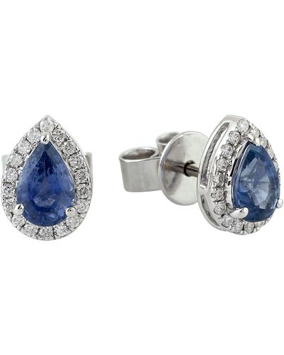 Artisan Pear Shape Mini Stud Earrings Diamond 18k White Gold Blue Sapphire