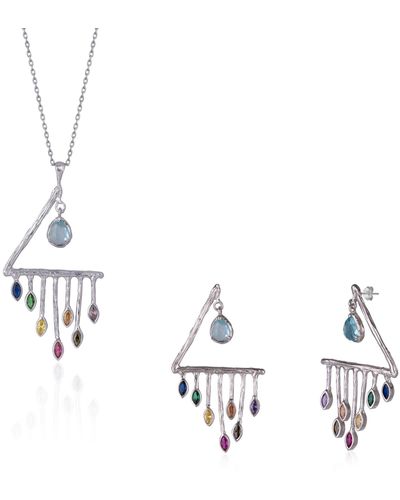 Spero London Colourful Rainbow Rain Drop Earring & Necklace Set In Sterling - Metallic